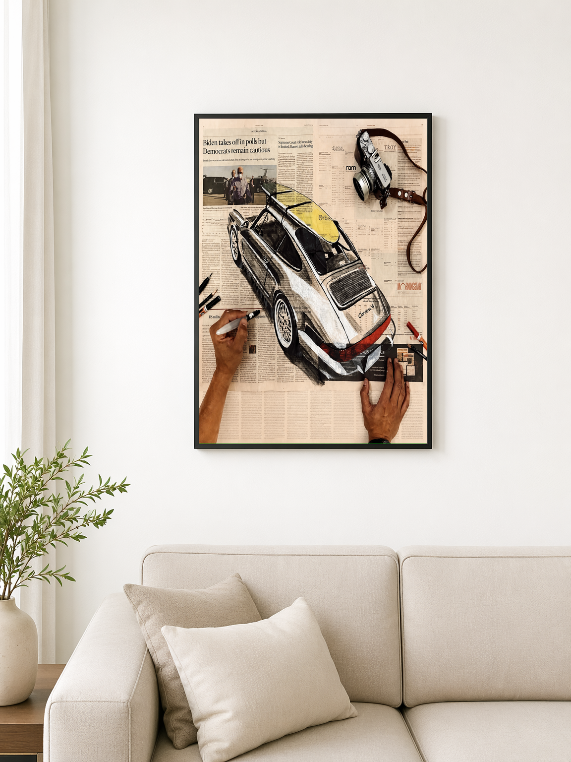 Vintage Porsche Newspaper Collage Wall Art Print - black framed