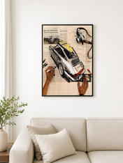 Vintage Porsche Newspaper Collage Wall Art Print - black framed