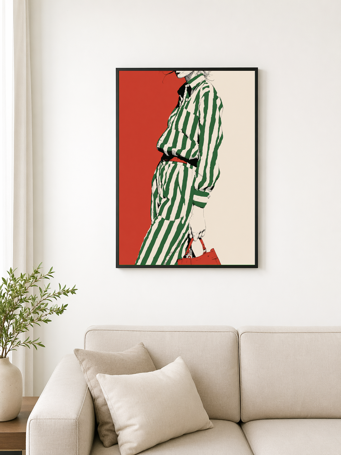 Green Stripe Fashion Illustration Wall Art Print - black framed