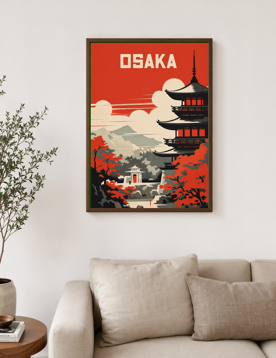 Osaka Pagoda Retro Travel Wall Art Print - dark wood framed