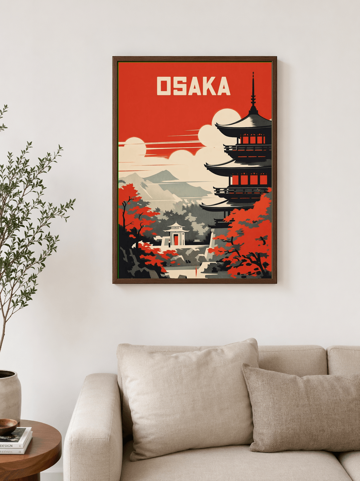 Osaka Pagoda Retro Travel Wall Art Print - dark wood framed