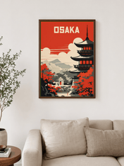 Osaka Pagoda Retro Travel Wall Art Print - dark wood framed