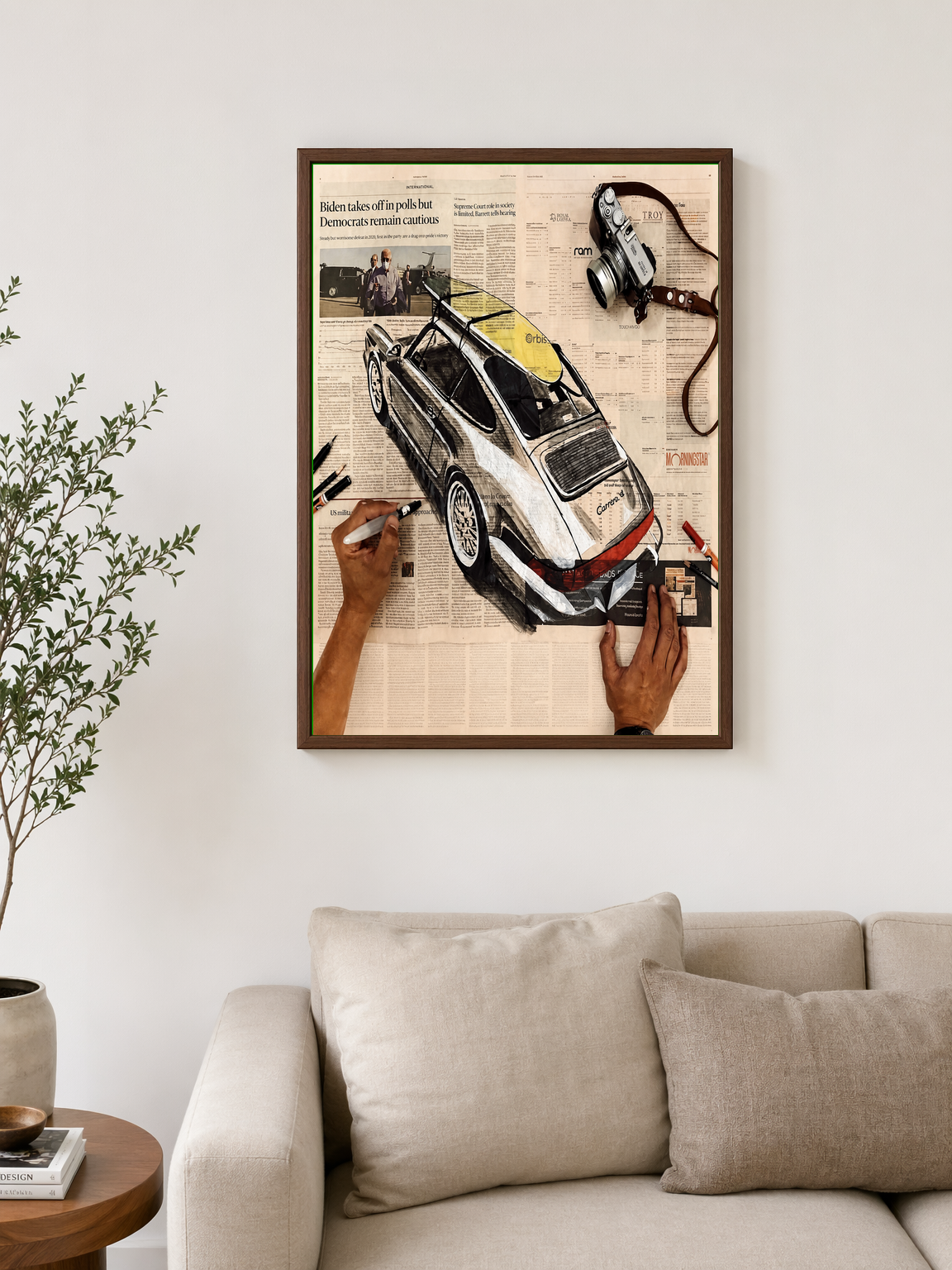Vintage Porsche Newspaper Collage Wall Art Print - dark wood framed