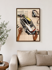 Vintage Porsche Newspaper Collage Wall Art Print - dark wood framed