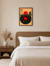 Japanese Blue Wave Record Wall Art Print - dark wood framed