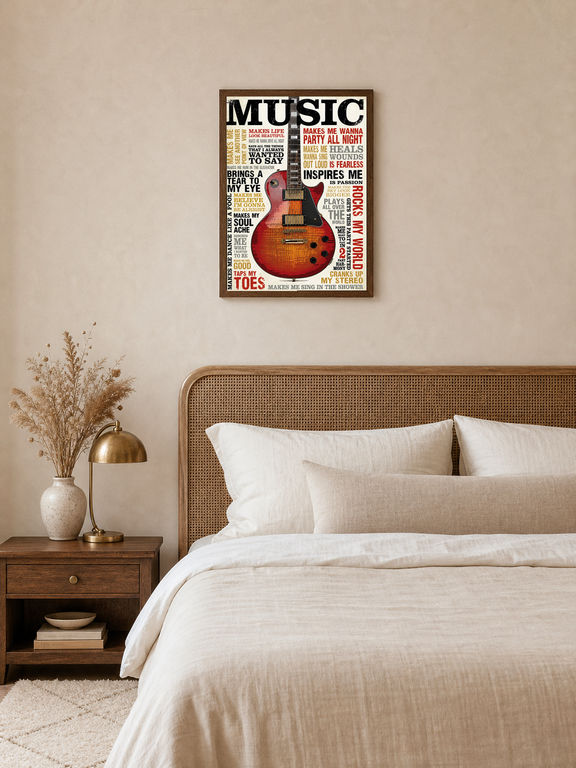 Vintage Guitar Typography Music Wall Art Print - dark wood framed