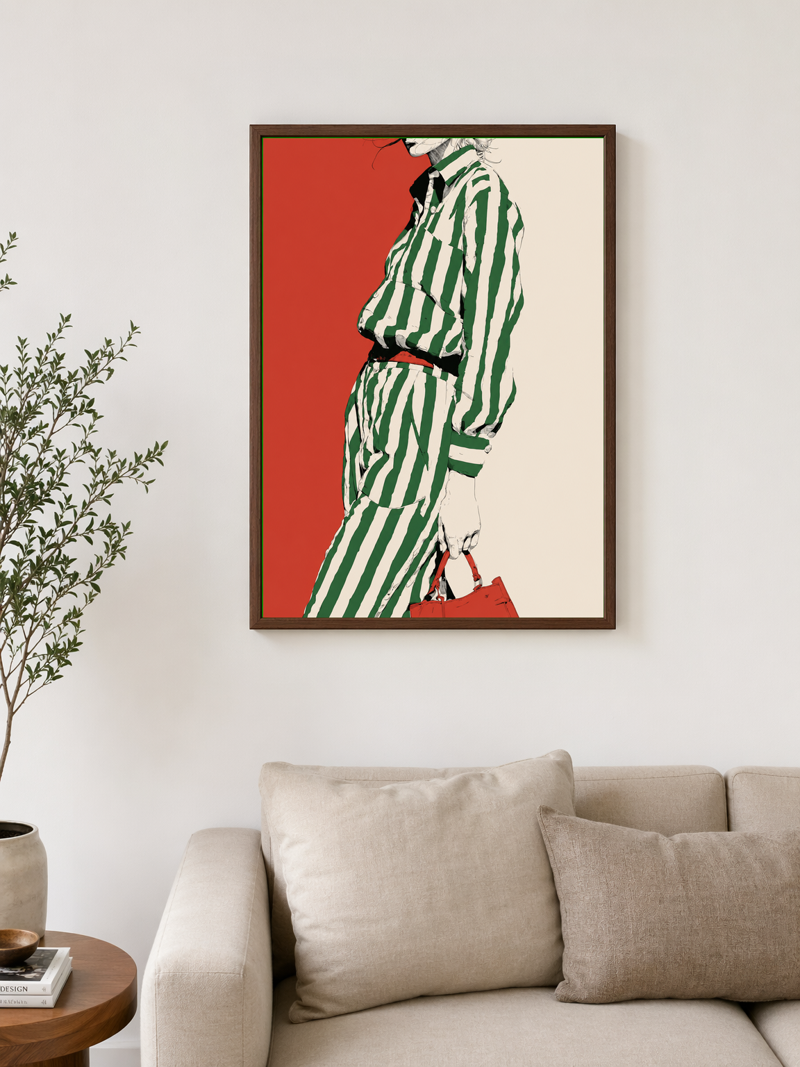 Green Stripe Fashion Illustration Wall Art Print - dark wood framed