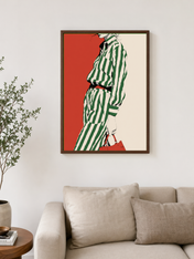 Green Stripe Fashion Illustration Wall Art Print - dark wood framed