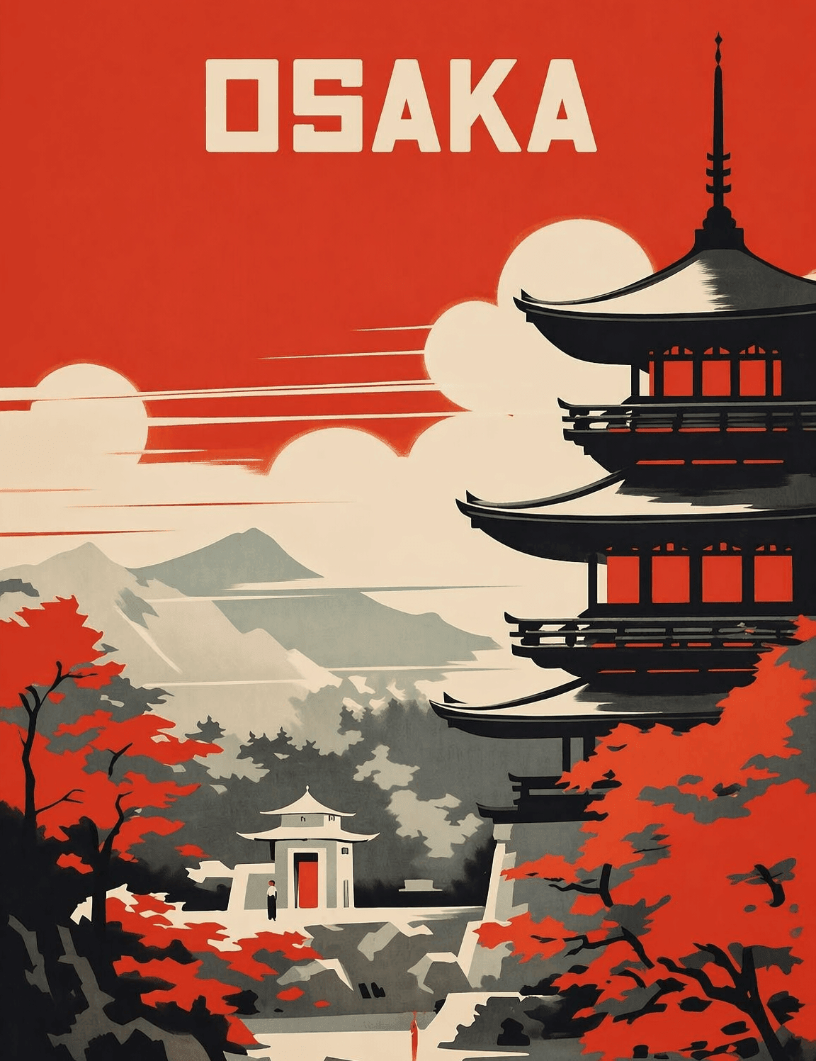 Osaka Pagoda Retro Travel Wall Art Print - unframed