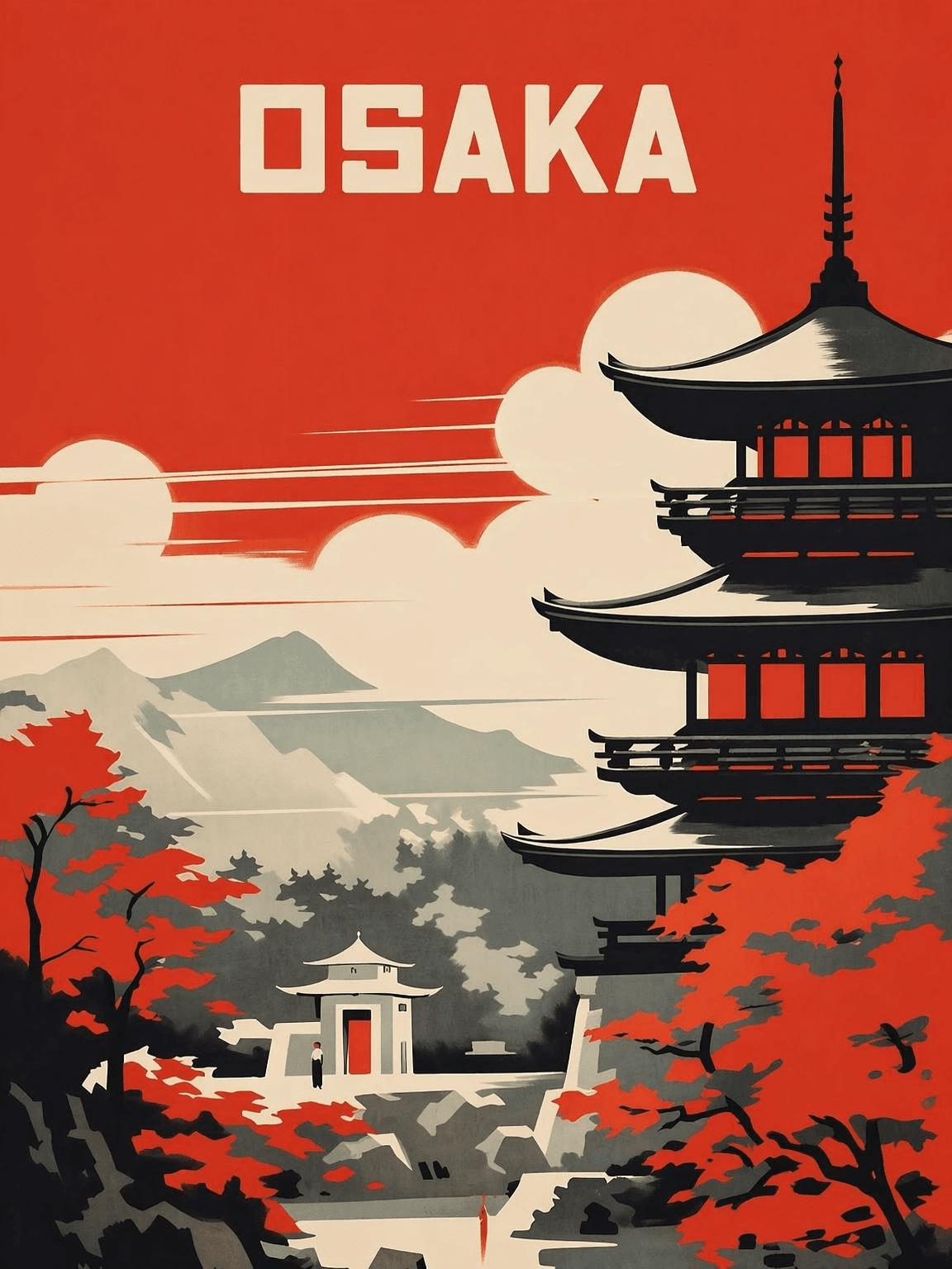 Osaka Pagoda Retro Travel Wall Art Print - unframed