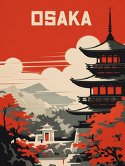 Osaka Pagoda Retro Travel Wall Art Print - unframed