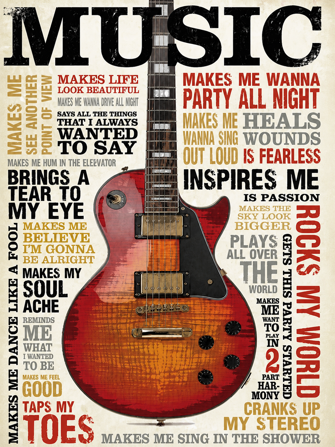 Vintage Guitar Typography Music Wall Art Print - unframed