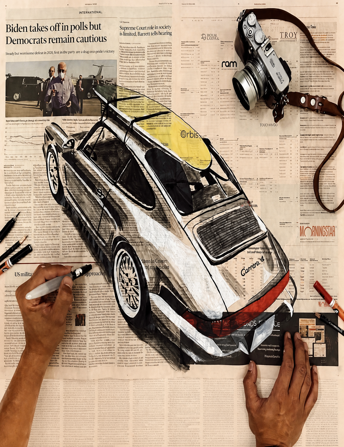 Vintage Porsche Newspaper Collage Wall Art Print - unframed