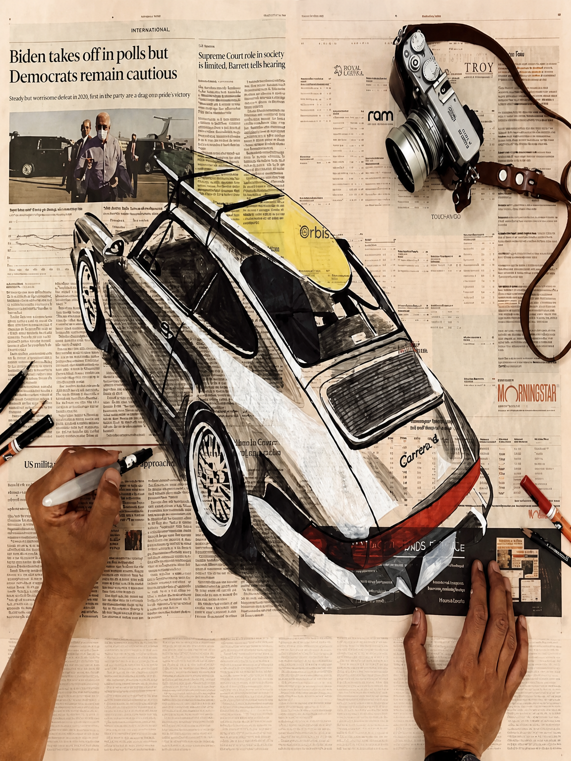 Vintage Porsche Newspaper Collage Wall Art Print - unframed