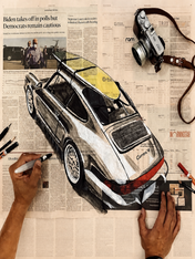 Vintage Porsche Newspaper Collage Wall Art Print - unframed