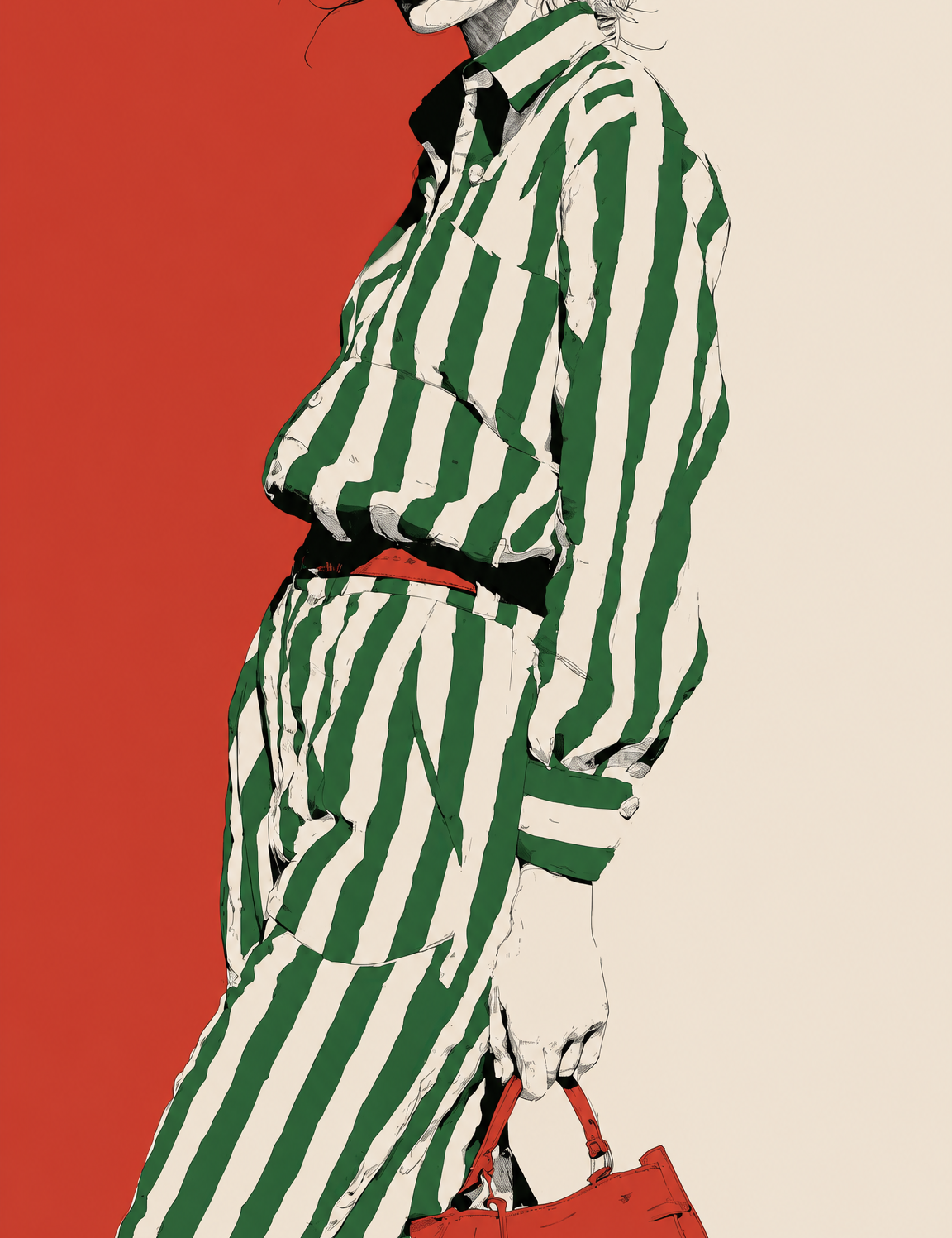 Green Stripe Fashion Illustration Wall Art Print - unframed