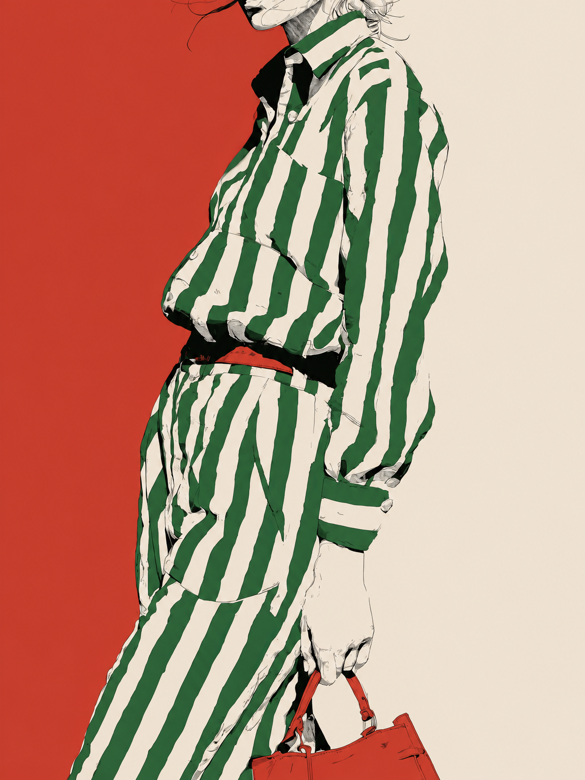 Green Stripe Fashion Illustration Wall Art Print - unframed