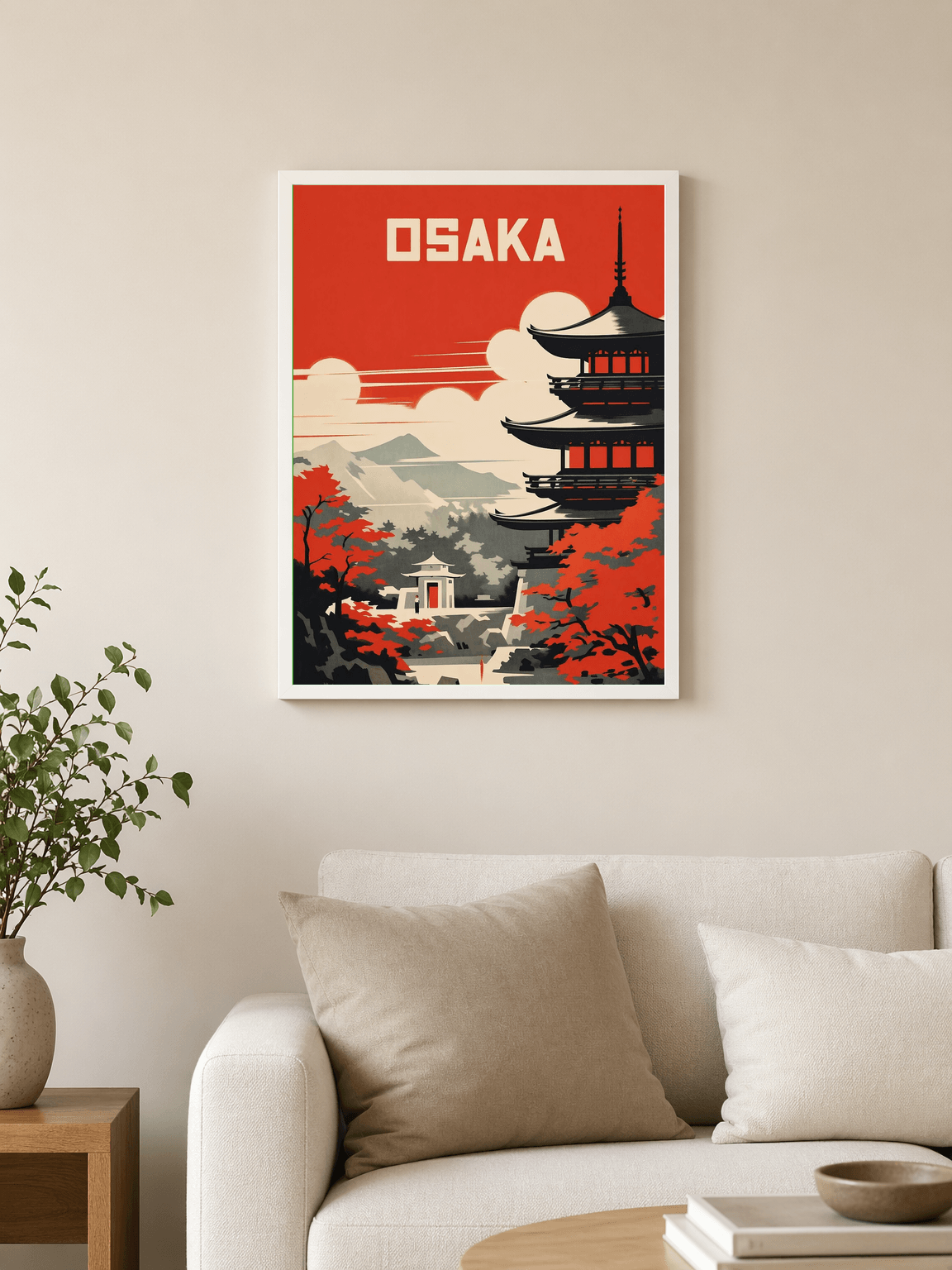 Osaka Pagoda Retro Travel Wall Art Print - white framed