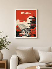 Osaka Pagoda Retro Travel Wall Art Print - white framed