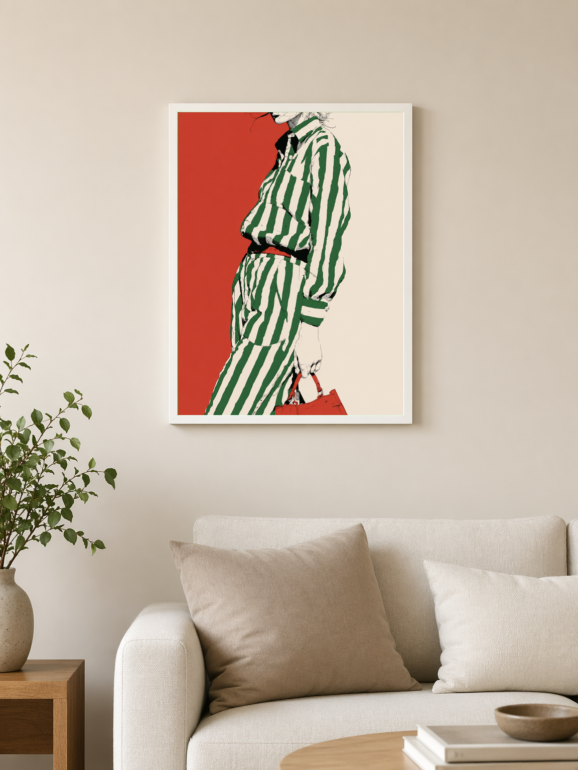 Green Stripe Fashion Illustration Wall Art Print - white framed