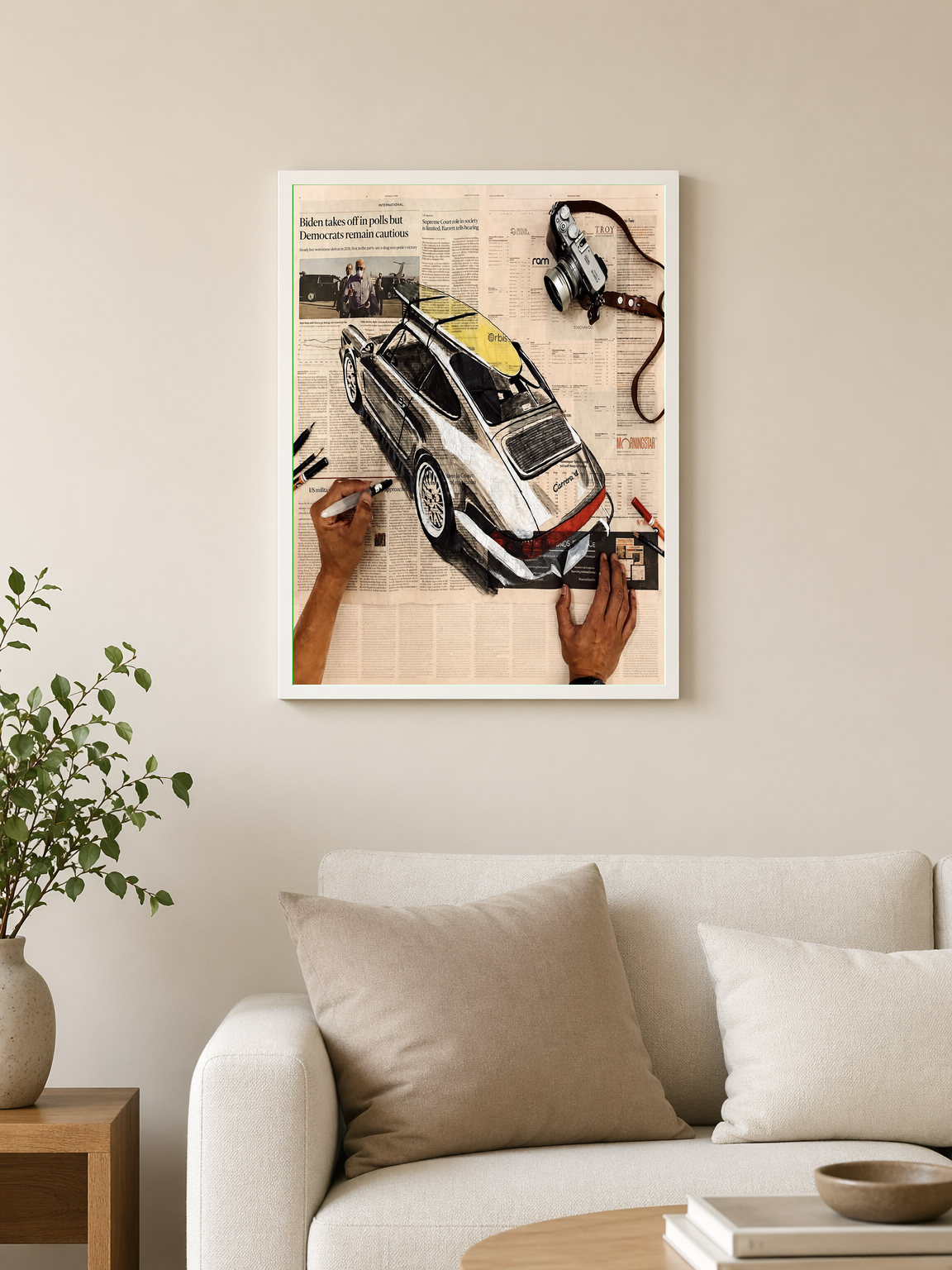 Vintage Porsche Newspaper Collage Wall Art Print - white framed