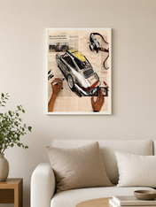 Vintage Porsche Newspaper Collage Wall Art Print - white framed