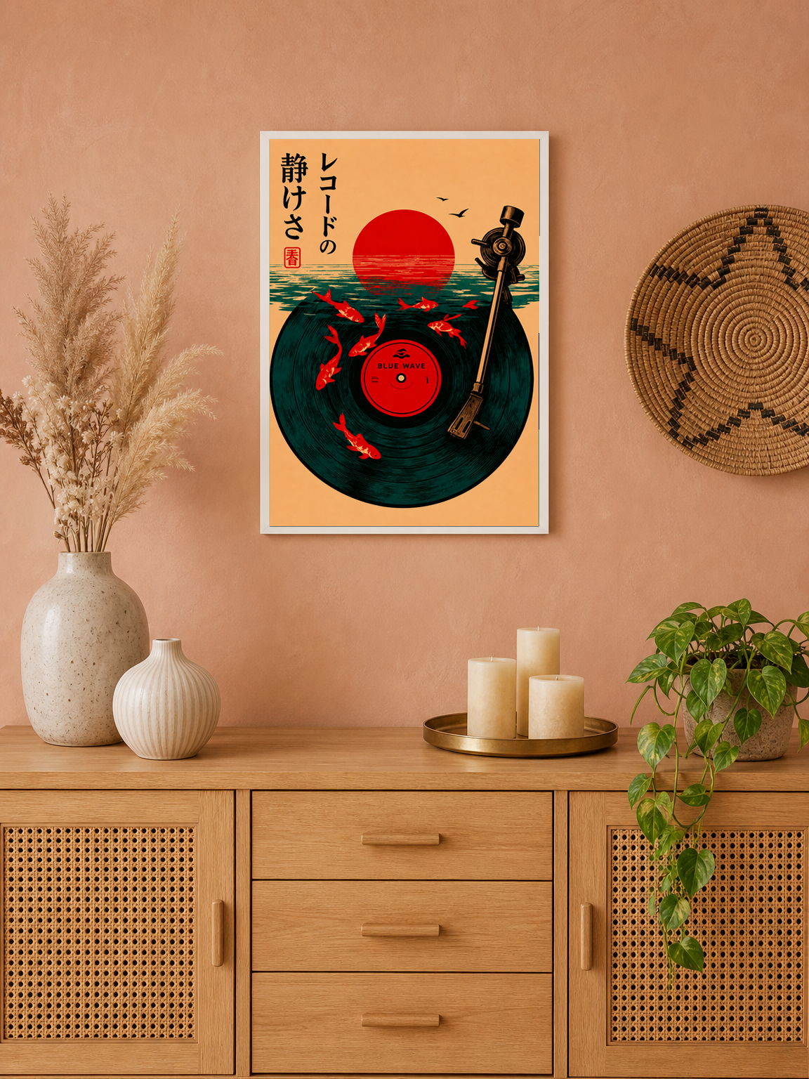Japanese Blue Wave Record Wall Art Print - white framed