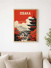 Osaka Pagoda Retro Travel Wall Art Print - wood framed poster