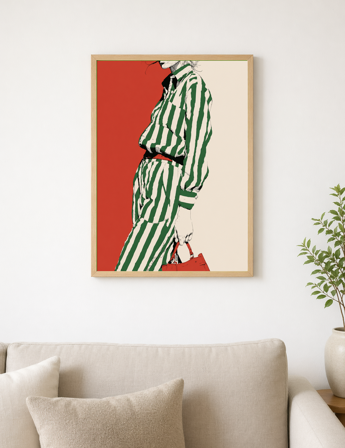 Green Stripe Fashion Illustration Wall Art Print - wood framed poster