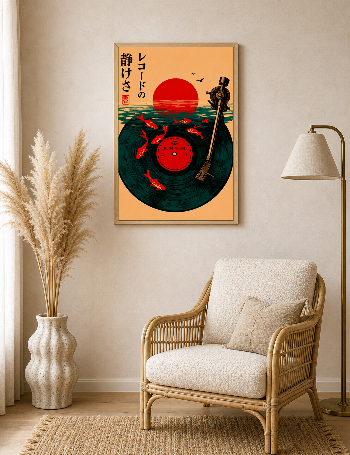 Japanese Blue Wave Record Wall Art Print - wood framed poster