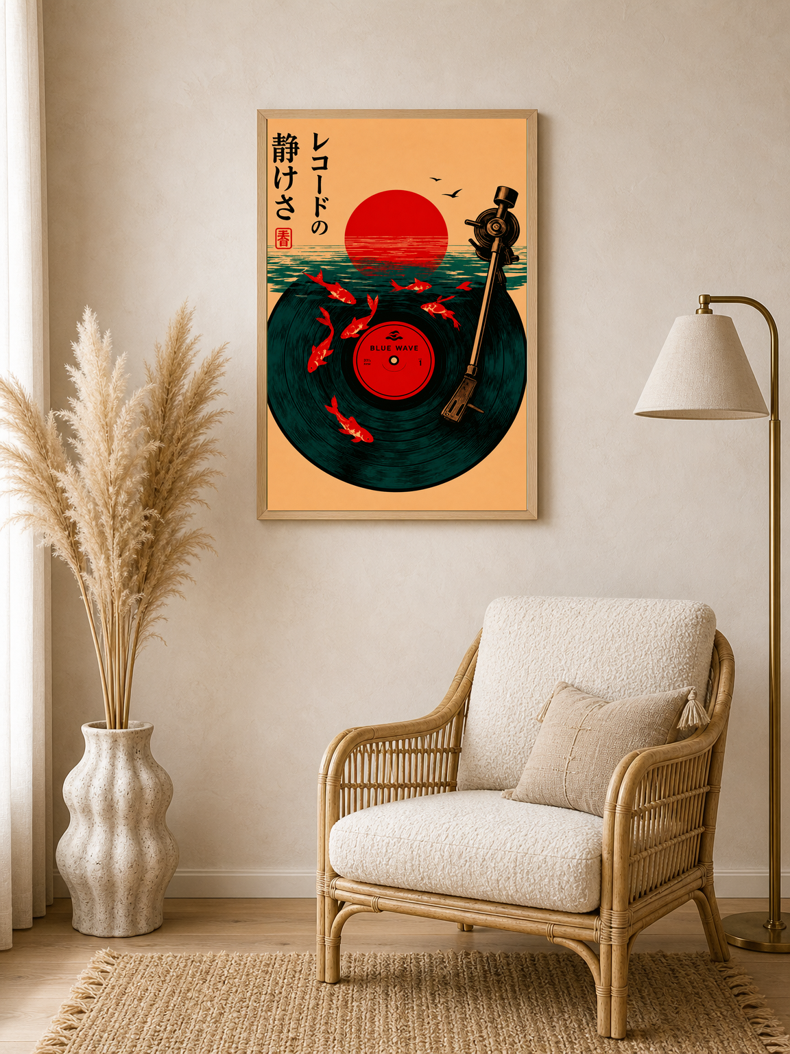 Japanese Blue Wave Record Wall Art Print - wood framed poster