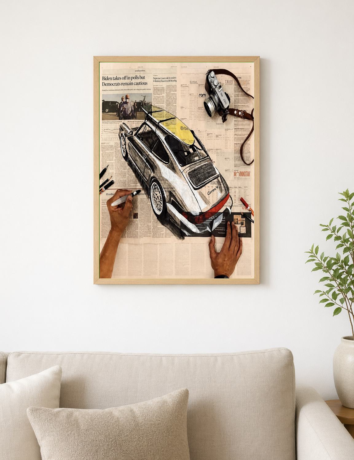 Vintage Porsche Newspaper Collage Wall Art Print - wood framed poster