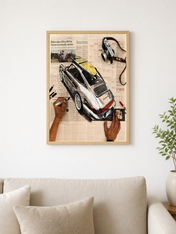 Vintage Porsche Newspaper Collage Wall Art Print - wood framed poster