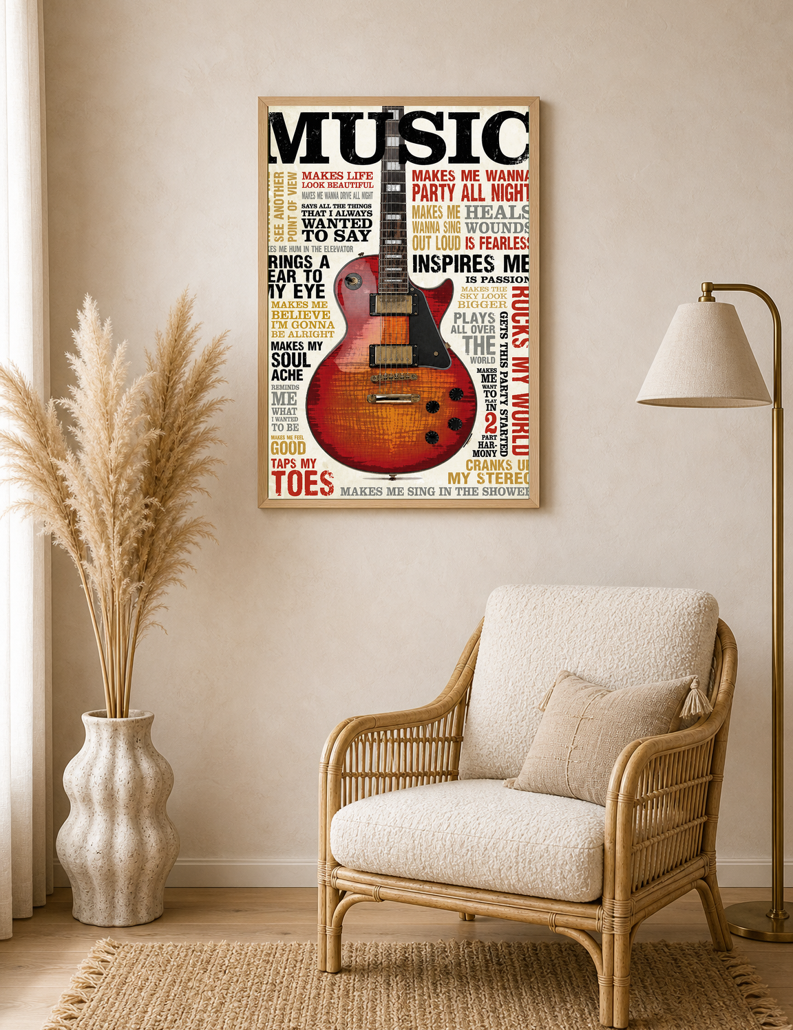 Vintage Guitar Typography Music Wall Art Print - wood framed poster