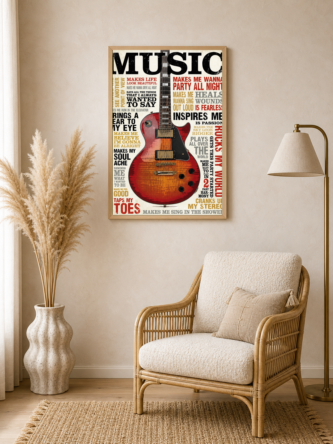 Vintage Guitar Typography Music Wall Art Print - wood framed poster