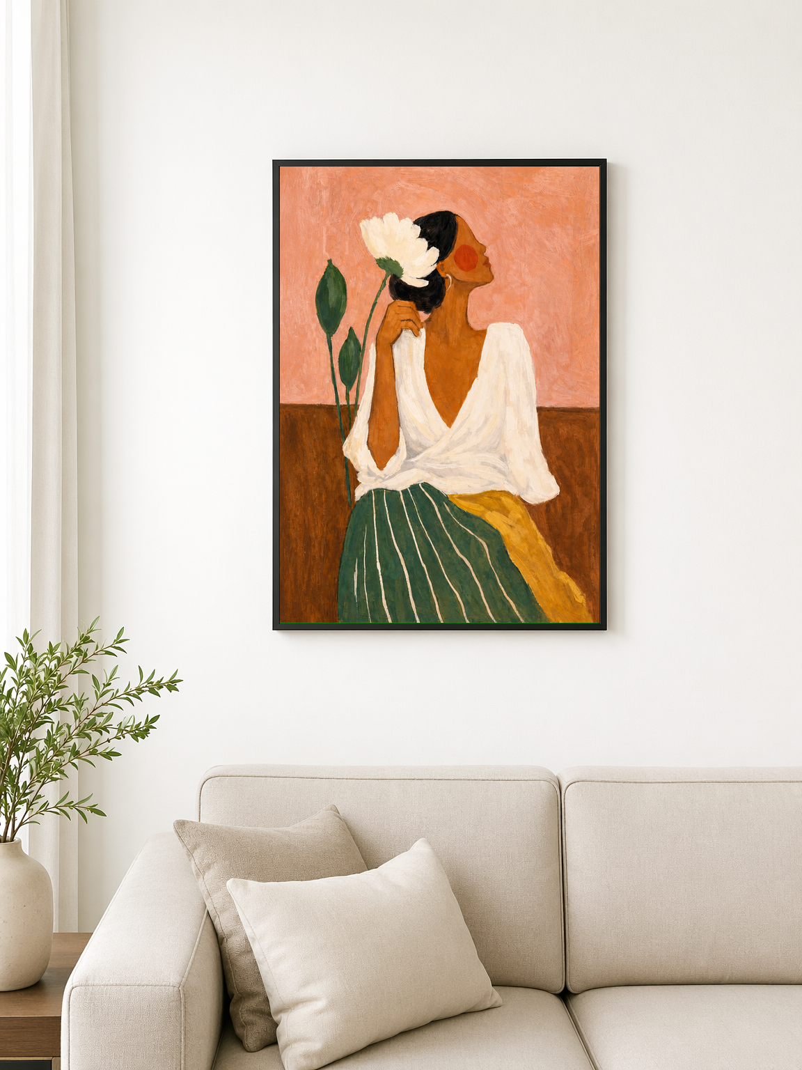 Feminine Floral Portrait Wall Art Print - black framed