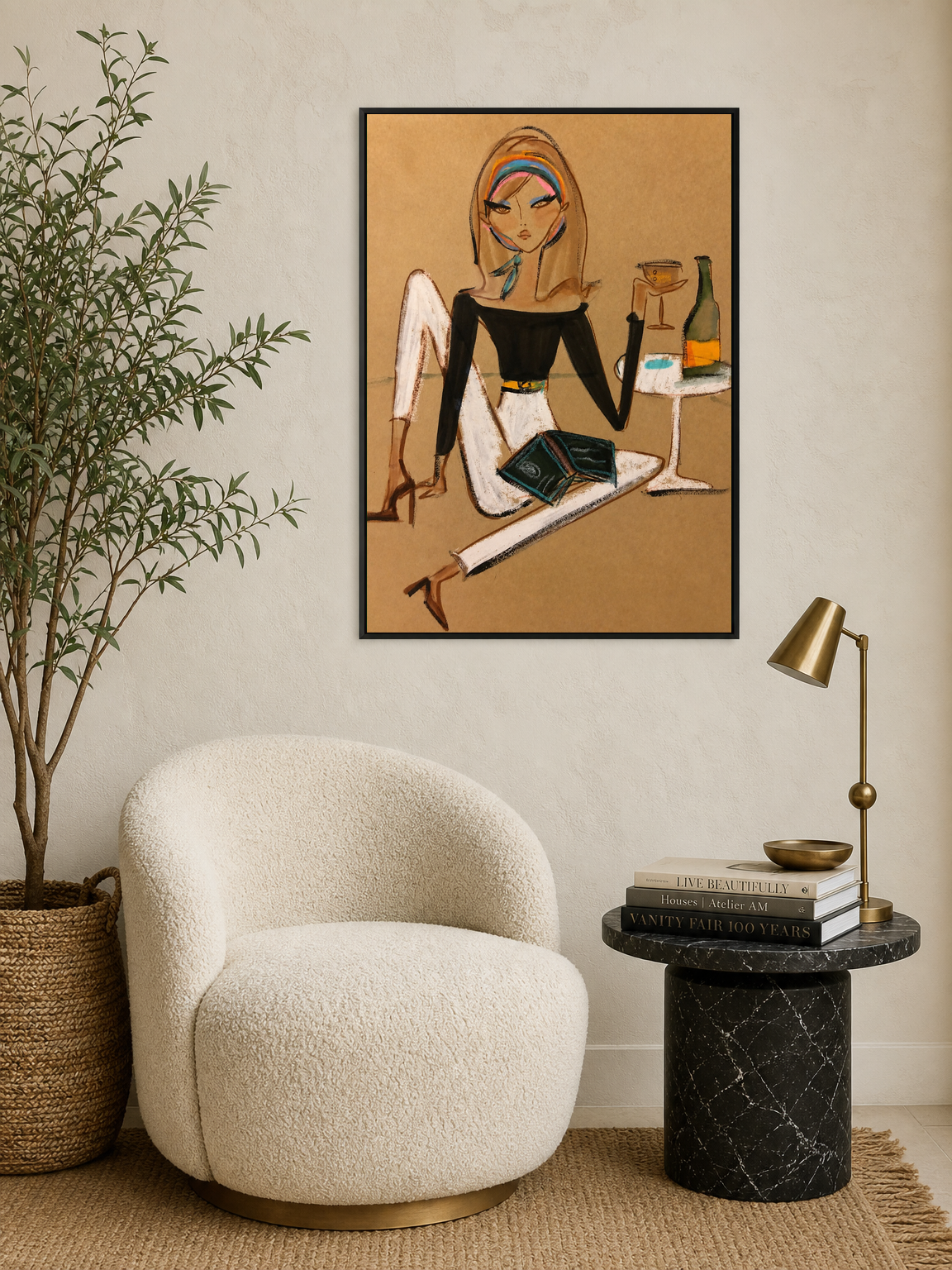 Chic Woman with Wine Fashion Wall Art Print - black framed