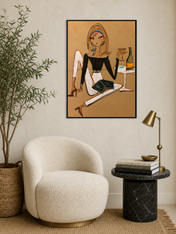 Chic Woman with Wine Fashion Wall Art Print - black framed