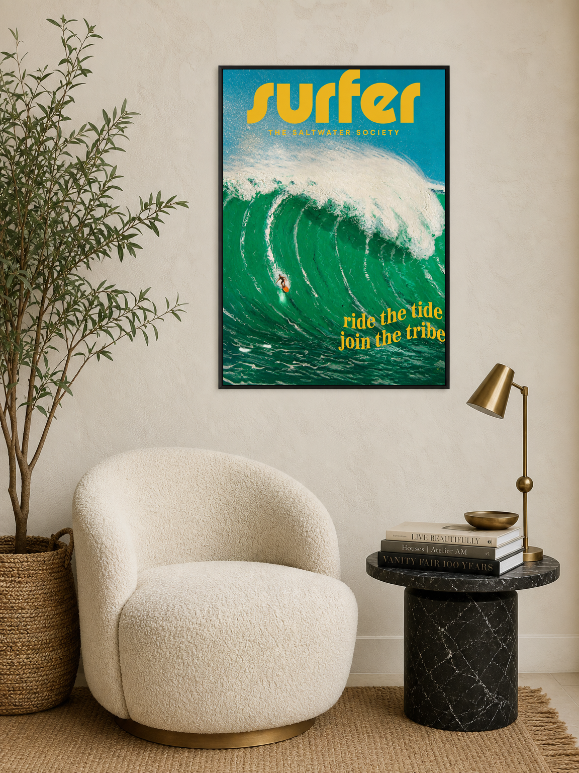 Surfer Wave Wall Art Print – Ride the Tide Design - black framed