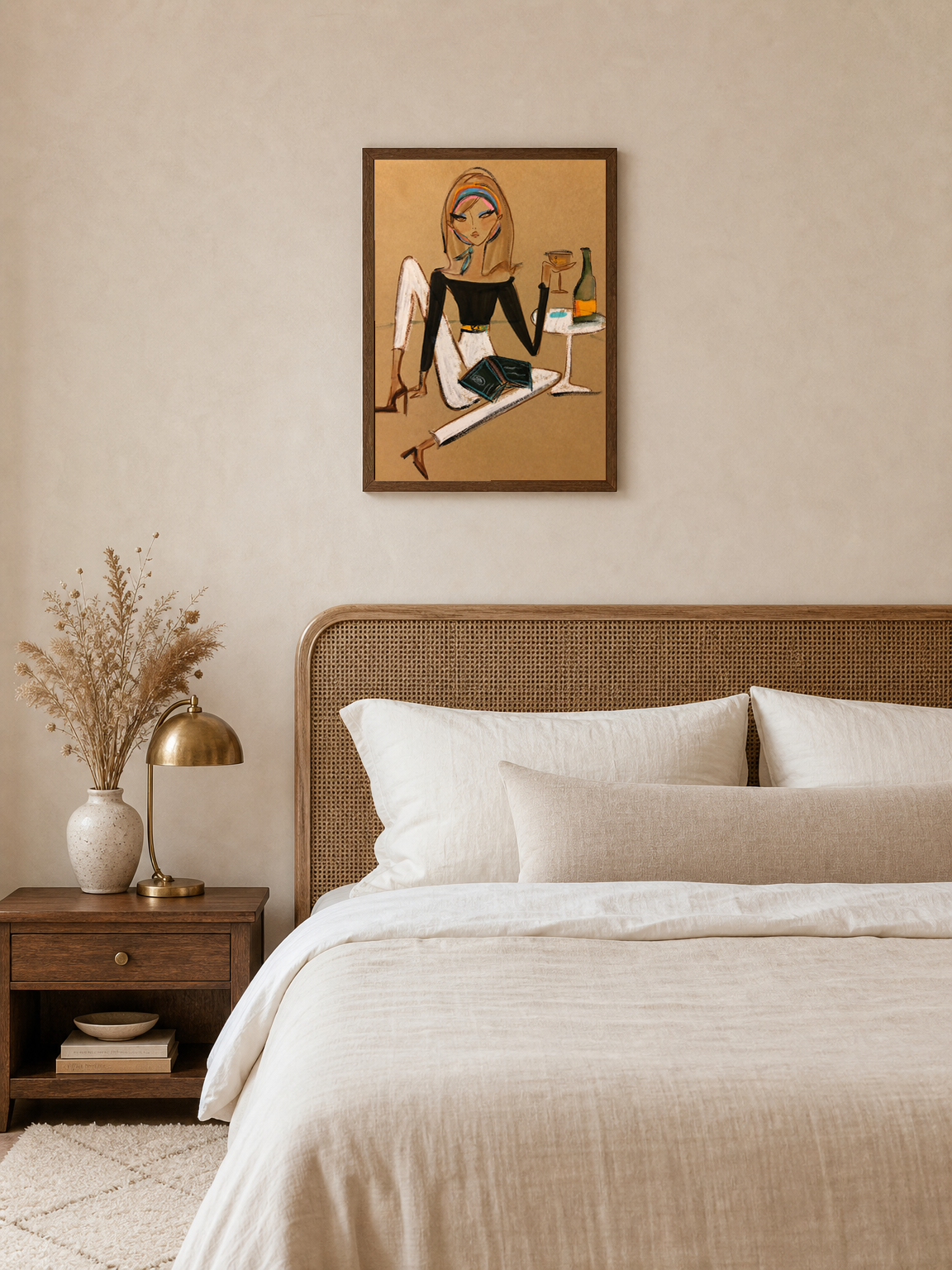 Chic Woman with Wine Fashion Wall Art Print - dark wood framed