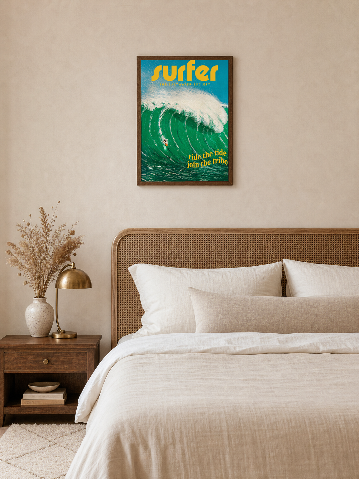 Surfer Wave Wall Art Print – Ride the Tide Design - dark wood framed