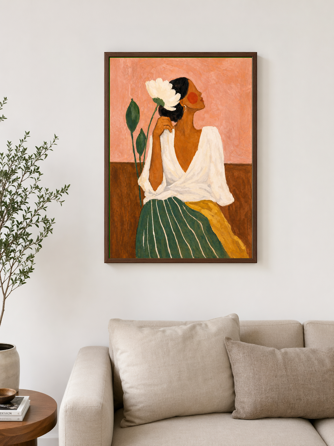 Feminine Floral Portrait Wall Art Print - dark wood framed