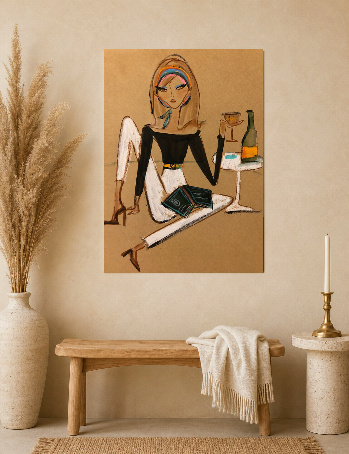Chic Woman with Wine Fashion Wall Art Print - unframed mockup