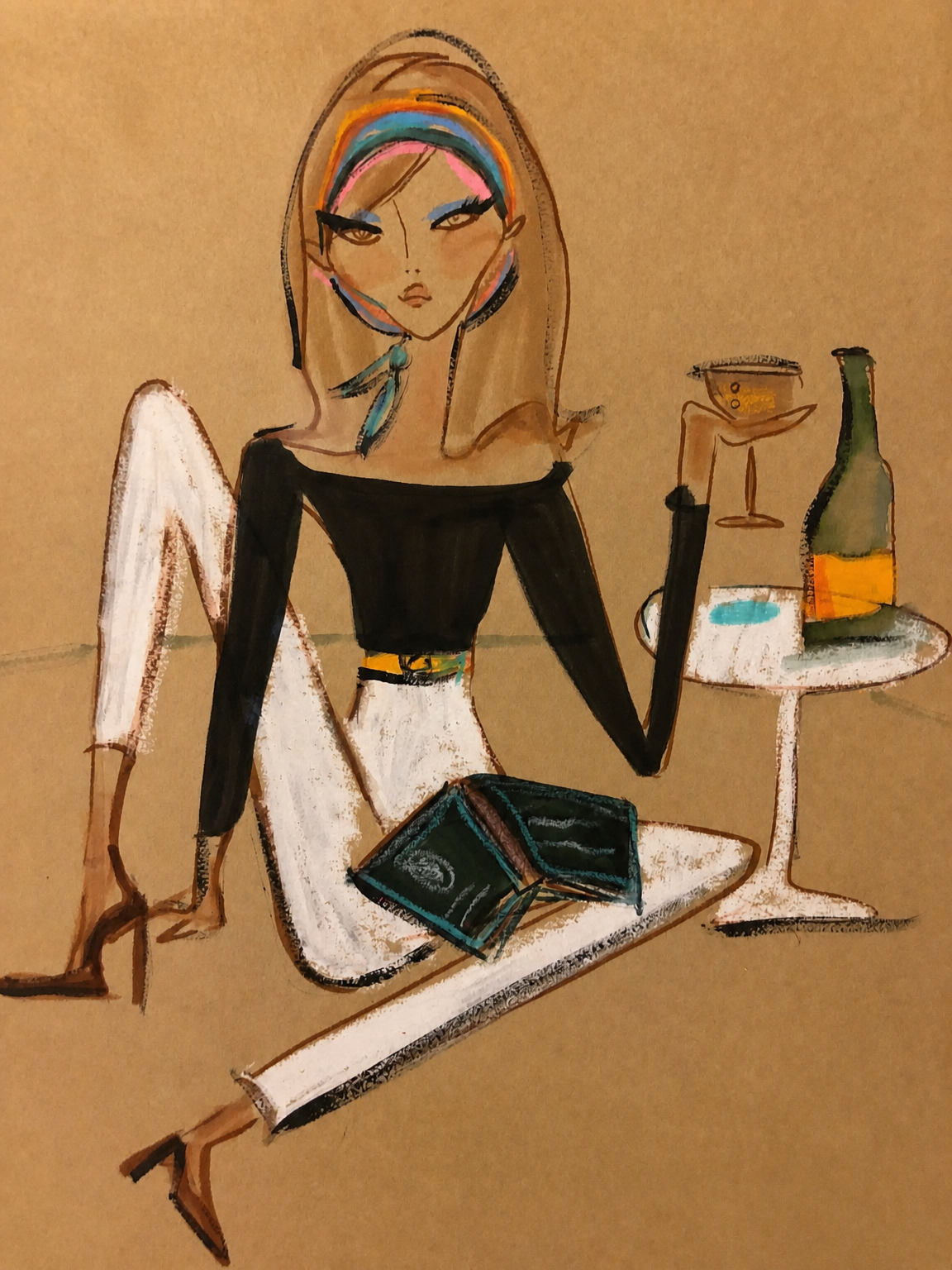 Chic Woman with Wine Fashion Wall Art Print - unframed