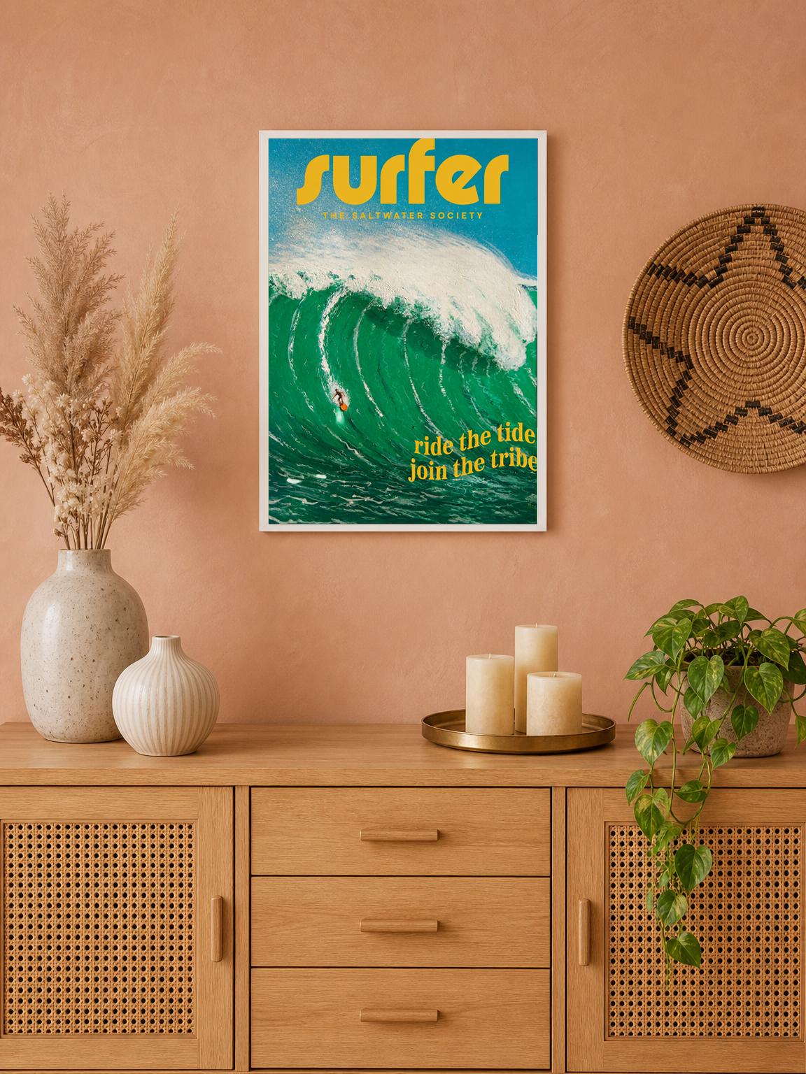 Surfer Wave Wall Art Print – Ride the Tide Design - white framed