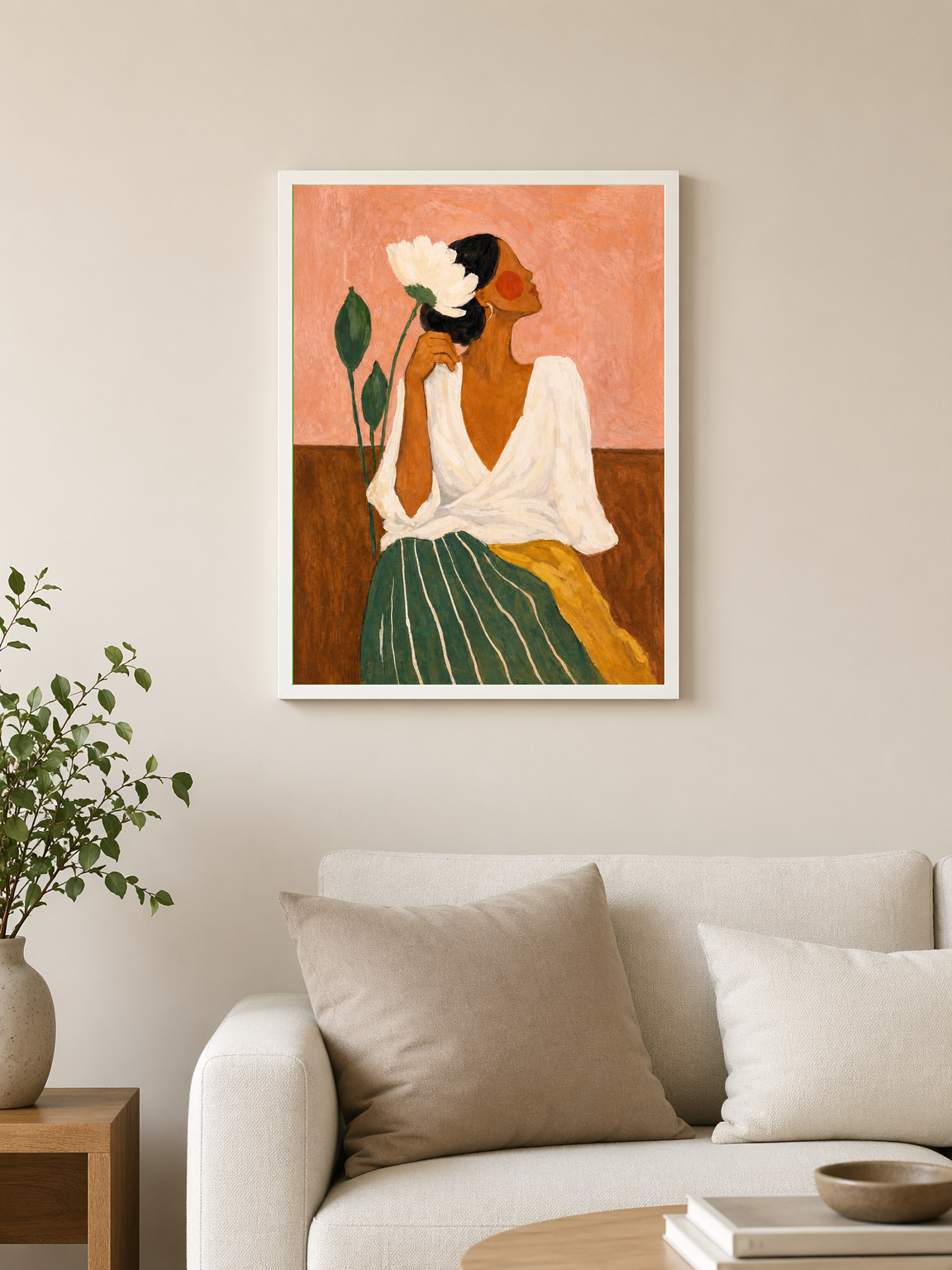 Feminine Floral Portrait Wall Art Print - white framed