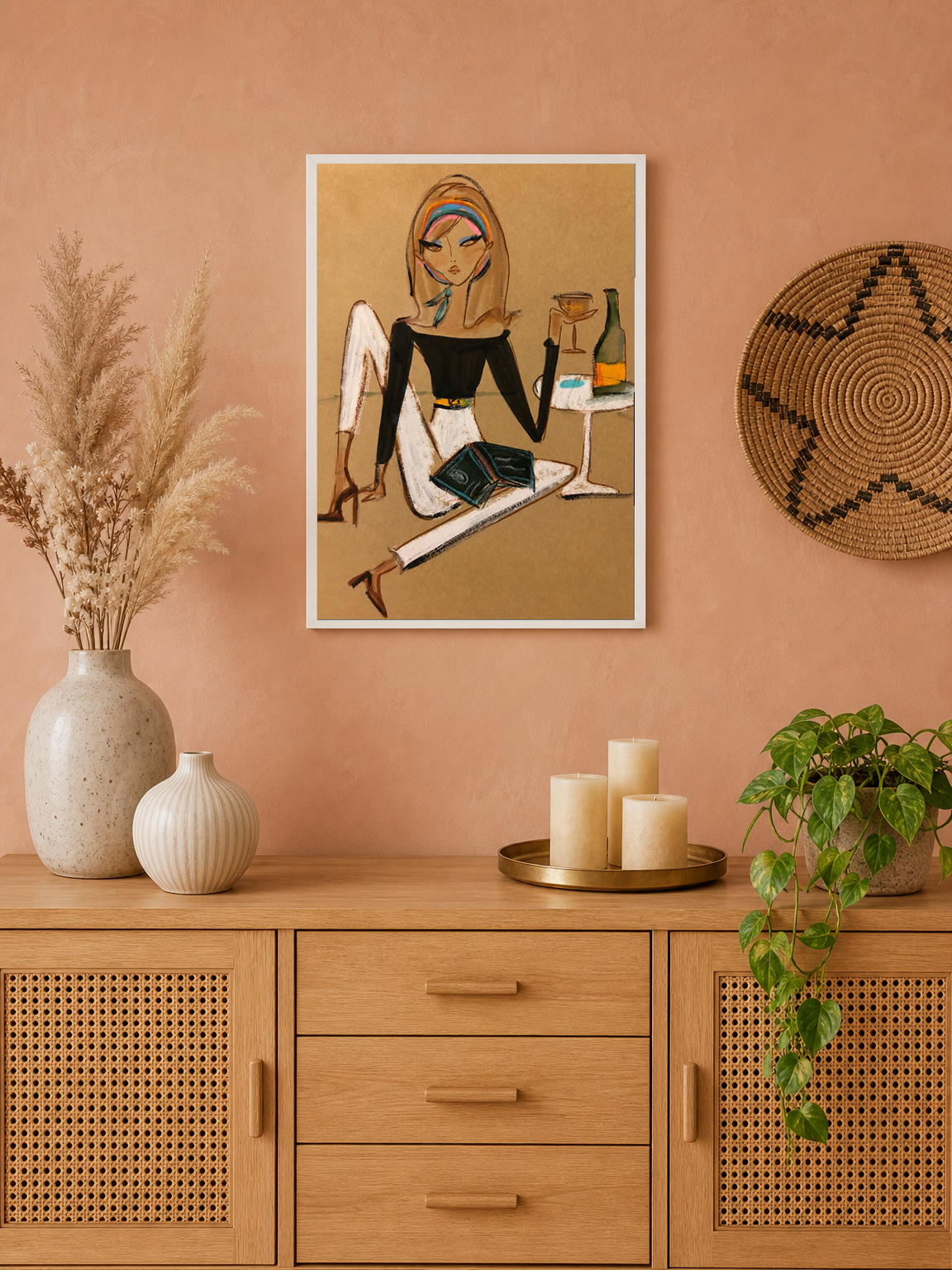 Chic Woman with Wine Fashion Wall Art Print - white framed