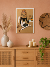 Chic Woman with Wine Fashion Wall Art Print - white framed