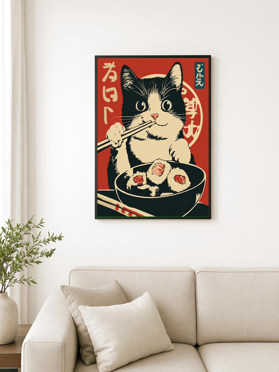Kawaii Sushi Cat Japanese Wall Art Print - black framed