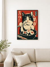 Kawaii Sushi Cat Japanese Wall Art Print - black framed
